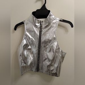 Dolls Kill Current Mood Silver Metallic O Ring Zip Sleeveless Crop Top Size M